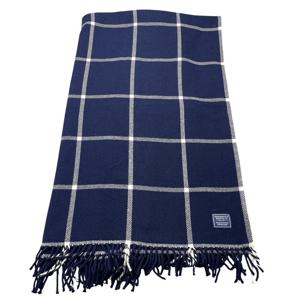 Faribault Woolen Mill‎ Co Wool Throw Blanket Non-Standard Blue Plaid Fringe USA